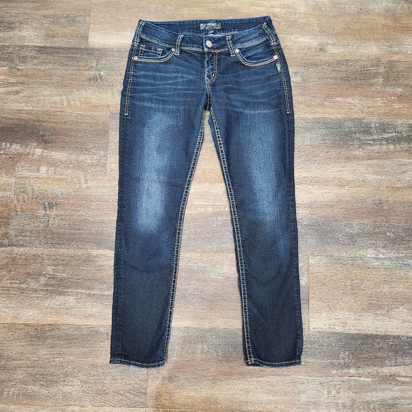 SILVER JEANS SUKI SKINNY DARK WASH WHISKERING SIZE 29 - Picture 4 of 10